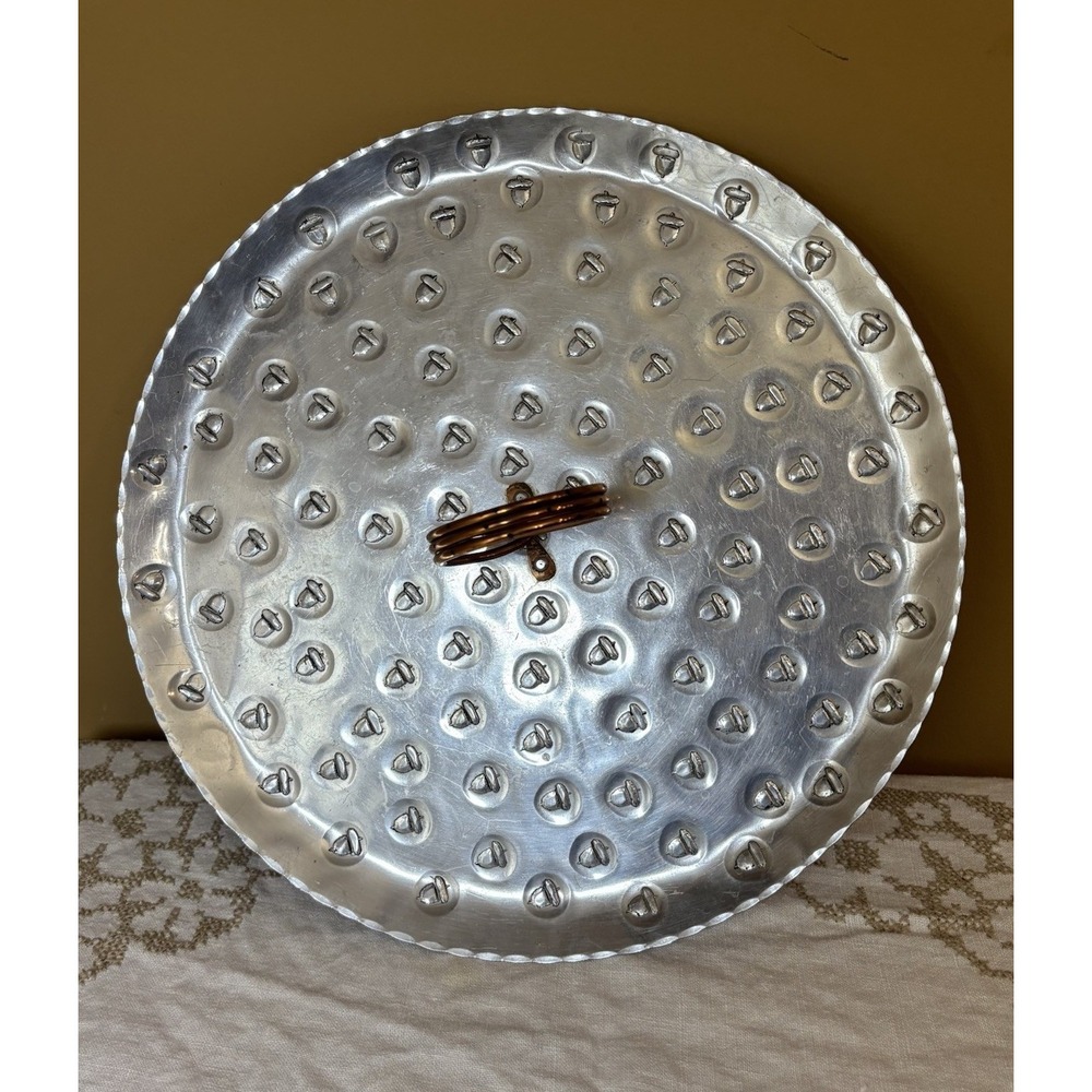 Vintage Hand-Hammered Aluminum Tray Acorn Pattern Brass Handle 14"